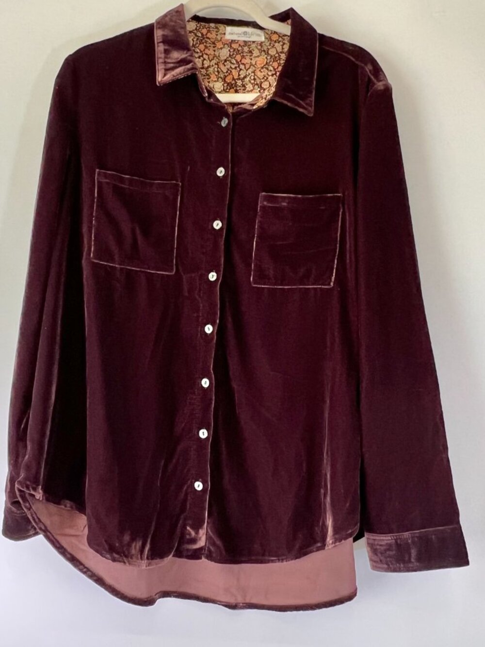 Natural Life Women’s XL Cocoa Brown Velvet Button Up Shirt Floral Lined Boho